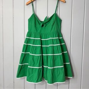 Moodie Green Babydoll Mini Dress Flare Ric Rac Trim Tie Front Smocked Back Large